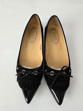 Tod's Aubrey Double Fringe Patent Leather Bow Accent Pointy Ballet Flat Black 10